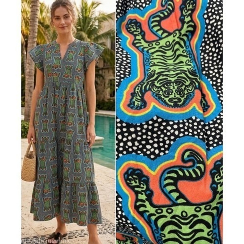 Briton Court Tiered Maxi Dress Tiger Print Polka Dot Womens Size S/M Maximalist